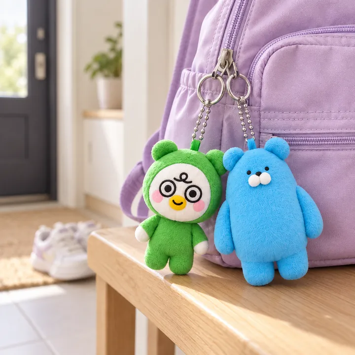 아이 가방에 단 팝콘즈 키링 두 개