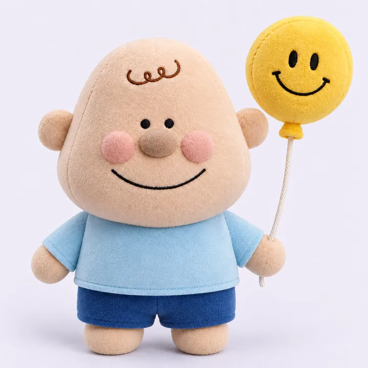 방구 인형 근접 — 자수 얼굴 · 티셔츠 원단 · 풍선