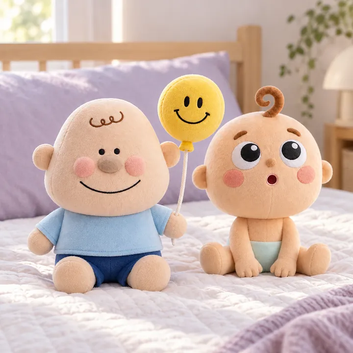 아이 침대 위 방구 인형과 보보 인형