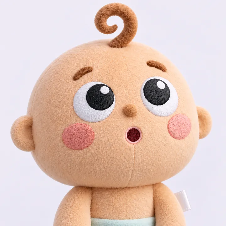 보보 인형 얼굴 근접 — 자수 눈 · 극세사 결 · 꿰맨 라벨